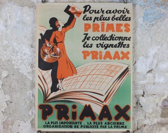 French Art Deco Poster, Elegant lady dressed in orange with shopping basket waving her Primax, Mid century advertising wall art decor