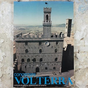 Póster de viaje de Volterra de los años 70, Palazzo dei Priori, Toscana italiana vintage, viajes, turismo en Italia, vacaciones, decoración de arte mural