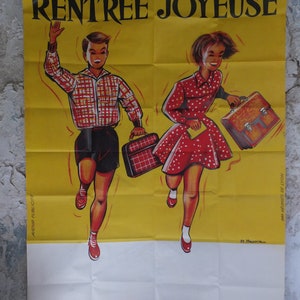 Original Vintage French Children Kids Back to School Poster fashion style bag happy running Advertising print R Hennin wall art retro 1960s image 2