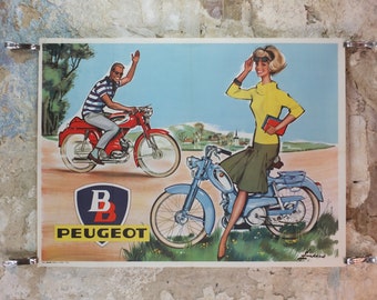 1950s Peugeot BB Moped Poster, elegantly beautiful French couple smiling and riding moped, by Pierre Courrone, print wall art retro decor
