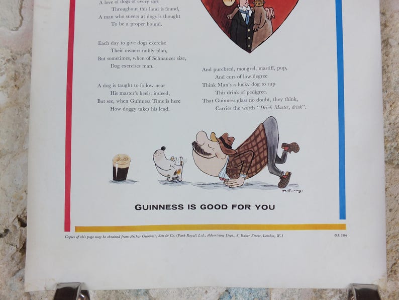 May include: A vintage Guinness advert with a cartoon illustration. The image shows a pint of Guinness, a dog, and a man in a suit. The text reads "Guinness is Good for You."