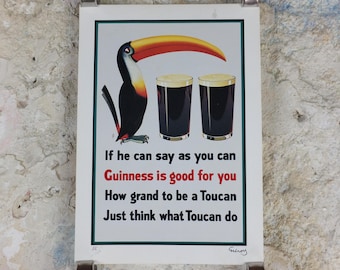 Hand signed 1981 John Gilroy Guinness Toucan Poster, Toucan Poem 1935, Toucan with two pints and a poem, wall art retro decor