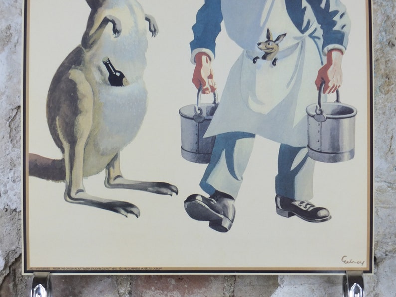 1990s My Goodness My Guinness Poster, from Guinness Museum, By John Gilroy 1942, kangaroo, joey and zookeeper, Wall art retro decor image 4