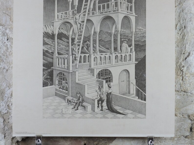 1958 Vintage M.C. Escher Poster, Belvedere, Surrealism Dutch print from Cordon Art from Baarn Holland, wall art decor image 4