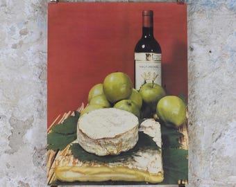 1960s Cheeses of France Poster, soft cheeses with apples, Fromages de France, TRIMMED, cheesemaking, Haut Medoc, kitchenalia wall art decor