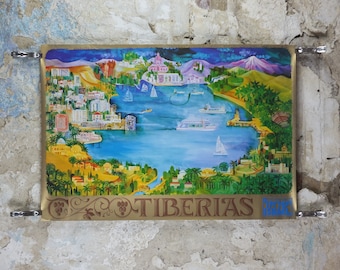 1981 Tiberias Poster, The City and Sea of Galilee, by E Weishof, Travel tourism wall art decor