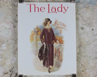 1960s The Lady Poster, Woman in maroon Flapper autumn style from the 1920s, Womans magazine, fashion Advertising, art deco, wall art decor