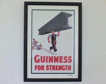 Hand signed 1981 John Gilroy Guinness Toucan Poster, Girder 1934, Guinness construction worker carrying a steel girder, wall art retro decor