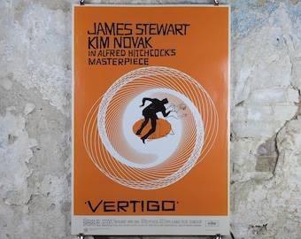 1985 Vertigo Movie Poster, Alfred Hitchcock, James Stewart & Kim Novak, orange wall art decor, cinema film memorabilia