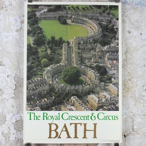 Cartel de viaje de Bath de la década de 1970 Royal Crescent & Circus, Centro de información turística, Avon, Somerset, Inglaterra, Reino Unido, decoración de arte de pared de viaje