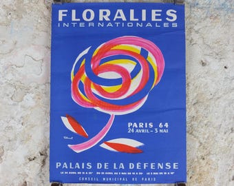 1964 International Paris Flower Show Poster, Floralies Internationales, Paris, Palais de la Defense, by Villemot, retro wall art decor