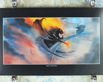 Vintage Gandalf and The Balrog by John Howe Poster, Tolkien, Lord of the Rings, Fellowship of the Ring, illustration print, wall art decor