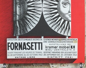 1963 Fornasetti Poster, Sun on Ceramic by Piero Fornasetti in Red