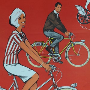 Cartel de ciclismo de 1950, Lotería Nacional Francesa, hermosa pareja sonriendo y andando en bicicleta en rojo, por Pierre Courrone, impresión de arte de pared decoración retro imagen 5