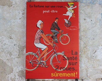 1950 Cycling Poster, French National Lottery, beautiful couple smiling and cycling in red, by Pierre Courrone, print wall art retro decor