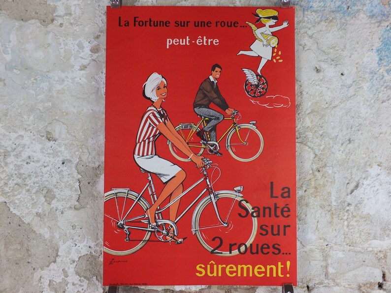 Cartel de ciclismo de 1950, Lotería Nacional Francesa, hermosa pareja sonriendo y andando en bicicleta en rojo, por Pierre Courrone, impresión de arte de pared decoración retro imagen 1