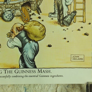 May include: A vintage illustration depicts the process of mixing Guinness mash. A man carries a sack labeled "Best Malt" on his back. Other figures are shown near a stone structure. The artwork is signed "John Ireland".
