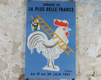 1951 Beautiful France Poster, Rooster with ladder building a better future for France, by Cromienes, wall art decor