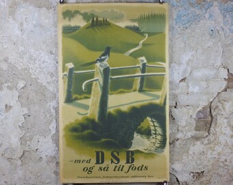 2005 DSB Danske Statsbaner Poster, Magpie on an old stone bridge, by Aage Rasmussen, Denmark, advertising wall art decor