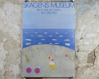 1983 Bent Karl Jacobsen Poster, Skagen Beach Scene, Skagens Museum, gallery exhibition, wall art decor