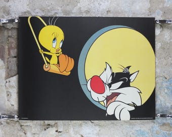 1995 Sylvester the Cat and Tweety Bird Poster, Looney Tunes and Merrie Melodies by Warner Bros, cartoon and comic wall art decor