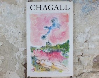 1981 Marc Chagall Poster, Pink Opera 1925, View of Notre Dame, Paris, Cubism and Expressionism, gallery exhibition, wall art decor