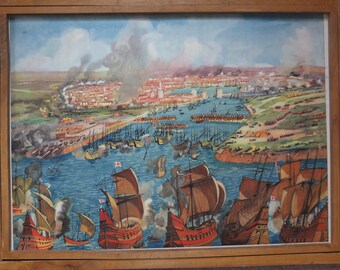Vintage French school poster wall chart Rossignol siege la rochelle fronde british navy civil war misery 1627 1628 1648 1653 interior design