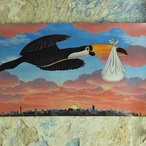 1982 Toucan Guinness Poster, Toucan come "la cicogna" che consegna il bambino, Prince William, pubblicità ale Irish stout beer print wall art retrò