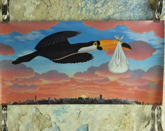 1982 Toucan Guinness Poster, Toucan as "the stork" delivering baby, Prince William, advertising ale Irish stout beer print wall art retro