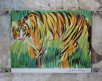 1991 Walasse Ting Poster, Tiger in long grass, colourful popular figuratism, pop art, gallery, wall art decor