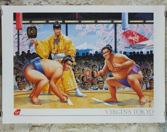 1990s Virgin Atlantic Tokyo Poster, by Paul Simmons, Scarlet Lady, Sumo Wrestling, Japan, Aviation, travel wall art decor
