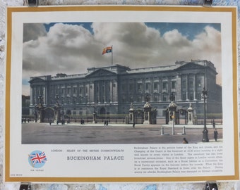 1940s Vintage Buckingham Palace Poster, World War 2, WW2, London - Heart of the British Commonwealth, original print, retro wall art decor