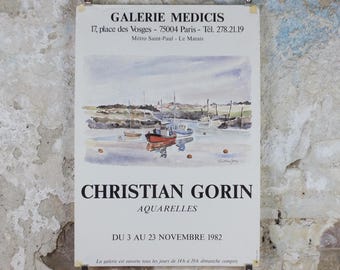 1982 Christian Gorin Poster, sailing boats in a harbour in a French village by the sea on a cloudy day, French Paris, wall art decor