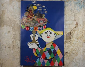 1981 Tivoli Poster, by Bjørn Wiinblad, Harlequin in Tivoli Gardens, Copenhagen Amusement Park in Denmark, Pop Art, Travel wall art decor