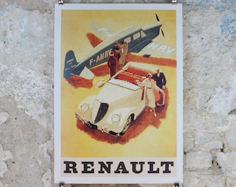 Renault Poster, Renault roadster with a plane vintage French carmaker, reprint from 2003, modernist art deco, wall art decor