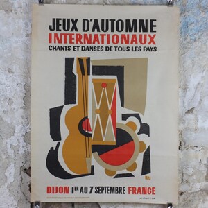 1950 年代のディジョン国際秋季ゲーム ポスター、秋のゲーム、音楽とダンス、オリジナルのヴィンテージ フランス語、広告、壁アート レトロ装飾