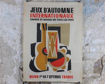 1950s Dijon Jeux d'Automne Internationale Poster, Autumn Games, Music and Dance, Original Vintage French, Advertising, wall art retro decor
