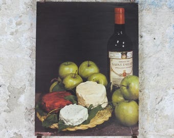1960s Cheeses of France Poster, soft cheeses & apples, Fromages de France, TRIMMED, cheesemaking, Saint-Emelion, kitchenalia wall art decor