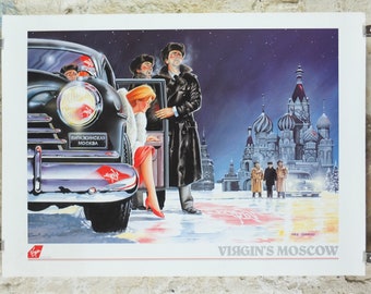 1990s Virgin Atlantic Moscow Poster, by Paul Simmons, Scarlet Lady, Saint Basil's Cathedral, Russia, Aviation, travel wall art decor