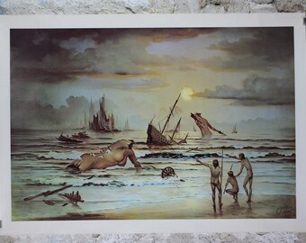 1973 John Pitre Poster, Tomorrow,  American visionary art painter and surrealist, post apocolyptic world, ruins and cavemen, wall art decor