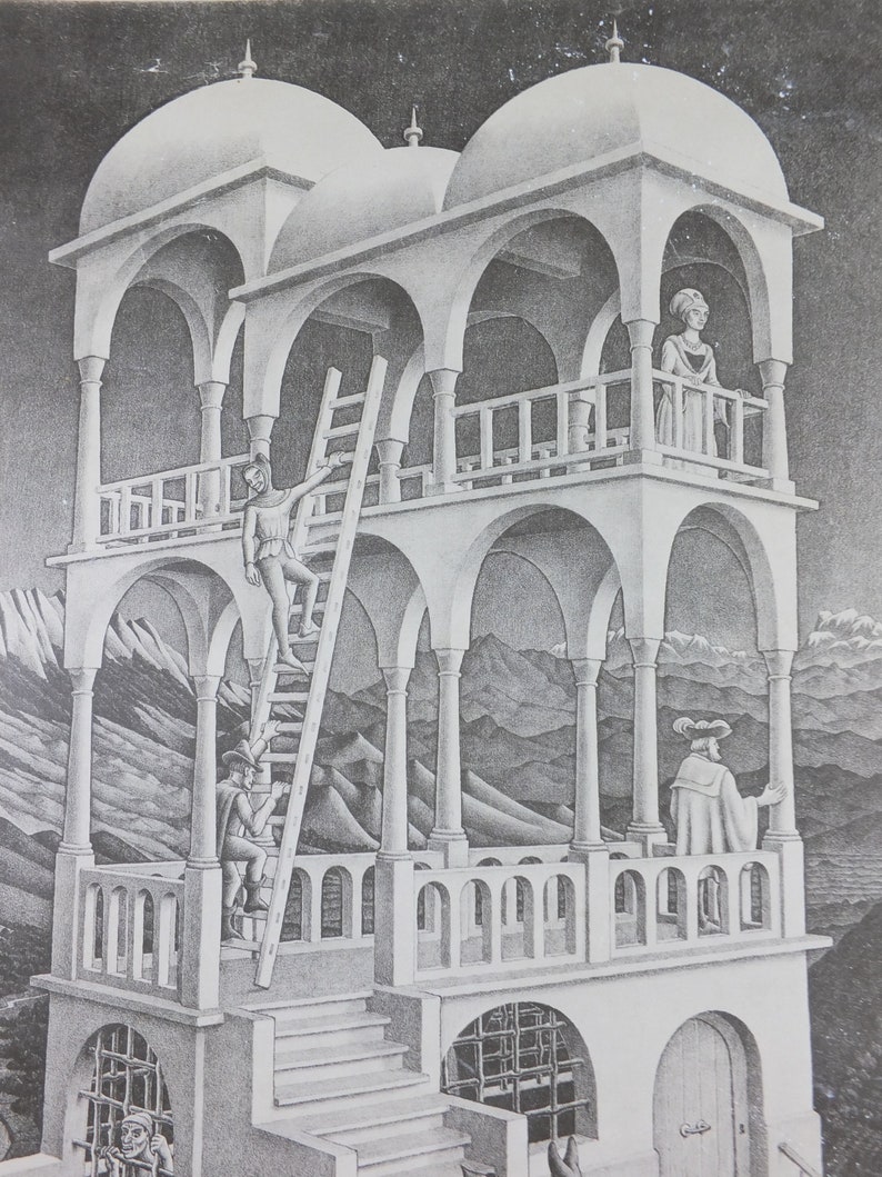 1958 Vintage M.C. Escher Poster, Belvedere, Surrealism Dutch print from Cordon Art from Baarn Holland, wall art decor image 9