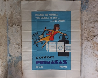 Original Vintage French Primagaz save time and money gas poster advertising home heating propane industrial art wall interior design 1960s