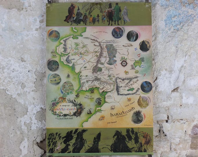 Featured listing image: 1978 Pauline Baynes Map of Middle Earth Poster, J.R.R. Tolkien, Lord of the Rings, The Hobbit, 9th Edition, fantasy wall art decor