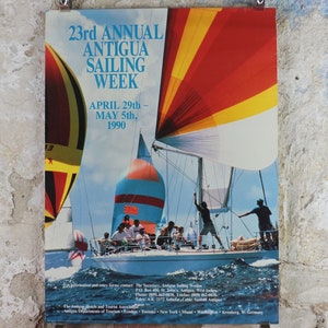 1990 Antigua Sailing Week Poster, 23rd Annual event, Wind-filled sails and spinnakers, sport, Sailing, wall art decor