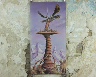 1979 Magnum Poster, Safe and Sound on the Sundial by Rodney Matthews, epic adventure quest art, eagle butterfly wings, scifi wall art decor