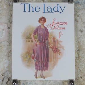 1960s The Lady Poster, Woman in mauve Flapper Summer style from the 1920s, Womans magazine, fashion Advertising, art deco, wall art decor