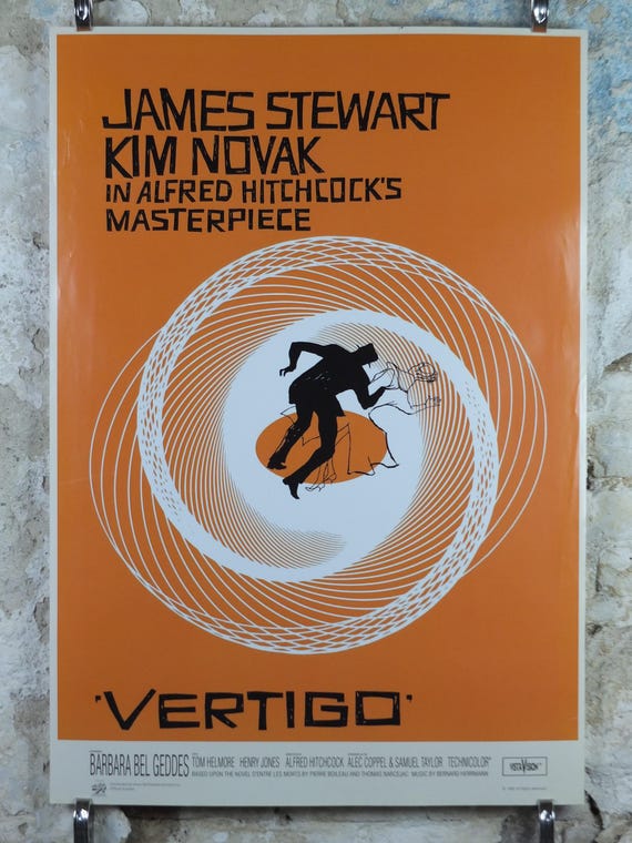 1985 Vertigo Movie Poster, Alfred Hitchcock, James Stewart & Kim