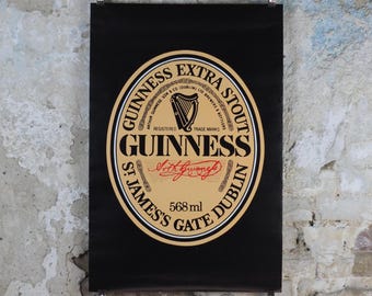 1990s Guinness Poster, 568ml bottle, St James Gate Dublin, Harp, three bottles and glasses, advertising lager beer, wall art decor