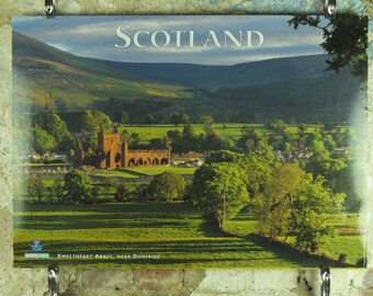Original Vintage Scotland Travel Poster Sweetheart Abbey Dumfries Scottish lowlands Mountains travel tourism holiday vacation wall art 1990s