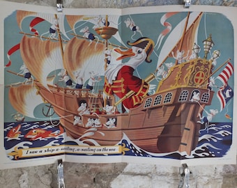 Original Vintage British Child Education Sailing Ships Ducks Mice Nursery Rhyme mid century print Stanley Herbert wall art 1950 1950s